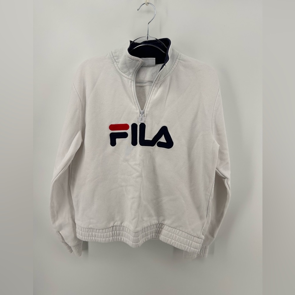 FILA Large Logo Pullover 1/4 Sweatshirt White Navy Neck